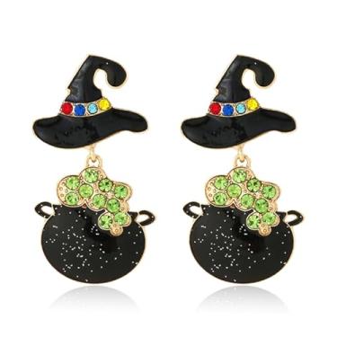 Imagem de QLYOVWE Brincos femininos de Halloween com cristal brilhante, chapéu de bruxa, poção, cadinho, fofo, abóbora, morcego, joia fantasma, dia das bruxas, acessórios de festa de Ação de Graças, Medium