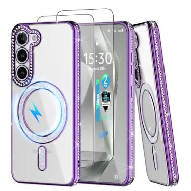 Imagem de YmhxcY Capa magnética para Galaxy S23, [2 x 0,18 película protetora de tela de vidro temperado com impressão digital] Diamante fofo para glitter luxuoso moda brilhante para Samsung Galaxy S23 6,1