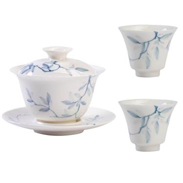 Imagem de Conjunto de chá Gongfu pintado à mão Boutique – Orquídea azul em porcelana branca pura, inclui Gaiwan chinês e xícaras de chá, conjunto de cerimônia de chá, conjunto de chá para adultos (Gaiwan + Rcup