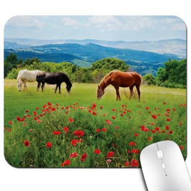 Imagem de Knseva Mouse pad de cavalos, vários tipos de cavalos comendo grama no campo paisagem de montanha cena rural impressão retângulo mouse pads