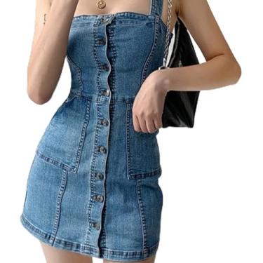 Imagem de Sexy Jeans Vestido Mulheres Verão Single Breasted Spaghetti Strap Vestidos Senhoras Bainha Embrulhado Denim Vestido Bolsos Cintura Alta