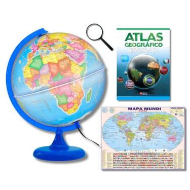 Imagem de Globo Terrestre Político Luminoso Base Azul + Mapa Mundi + Atlas + Lup