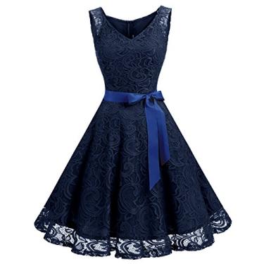Imagem de Dressystar Vestido de festa de dama de honra de renda floral feminino curto gola V, A- Azul-marinho, PP