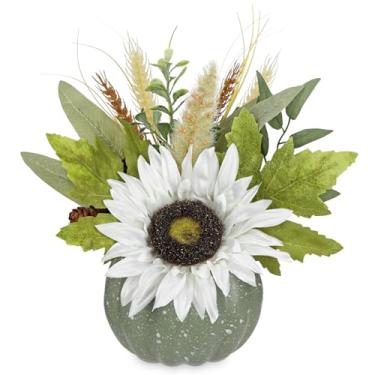 Imagem de Arborus Decoração artificial de outono de abóbora – centros de mesa de outono com girassóis brancos falsos, folhas de eucalipto, abóbora – Halloween, Ação de Graças e decoração de casa
