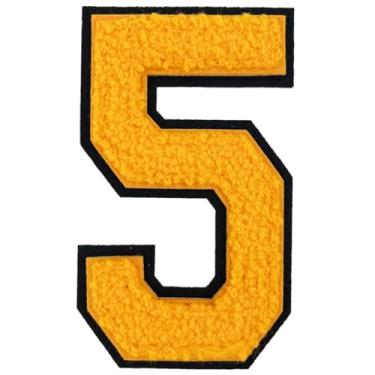 Imagem de 1 peça de adesivos de números de chenille amarelo de 10 cm, remendos de ferro para chapéus, roupas, bolsas, mochilas, jeans, par com remendos iniciais, letras grandes, acessórios DIY (amarelo 5)