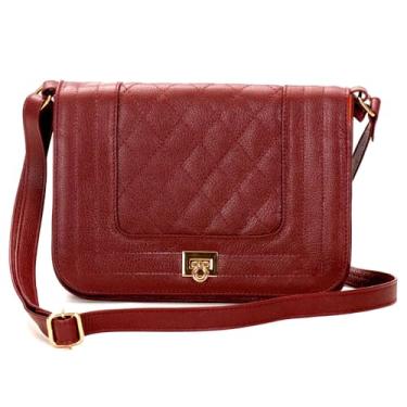 Imagem de Bolsa Transversal Feminina em Couro Legítimo, Vermelho Bordô, Alça Ajustável, Design Matelassê com Fecho Dourado