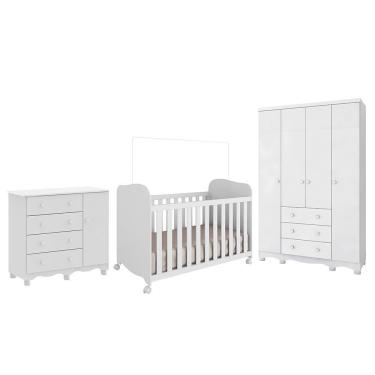 Imagem de Dormitório Infantil Júnior Guarda Roupa 4 Portas, Cômoda 1 Porta E Berço Uli Branco Brilho - Móveis Peroba
