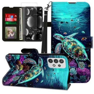 Imagem de BREIDMKFM Capa para celular Galaxy A23 5G, capa para Samsung A23 5G com protetor de tela e suporte, suporte para cartão e alça de pulso, carteira de couro flip fólio proteção magnética, tartaruga