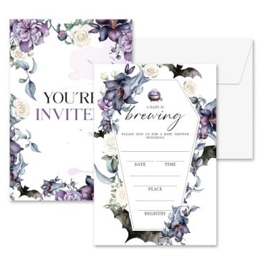 Imagem de seclate Convites de chá de bebê de Halloween, 10 x 15 cm, cartões de convite de revelação de gênero A Baby is Brewing para suprimentos de decoração de festa floral roxa (25 peças) - B06