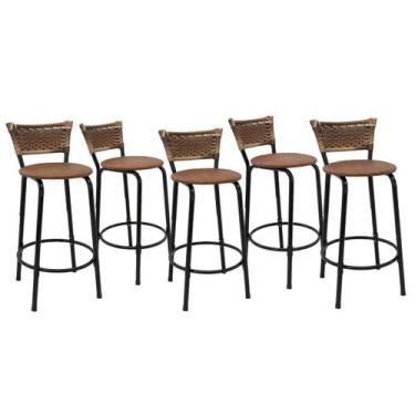 Imagem de Kit 5 Banquetas Para Balcão 60cm Preta Junco Cappuccino Balcão Bistrô 