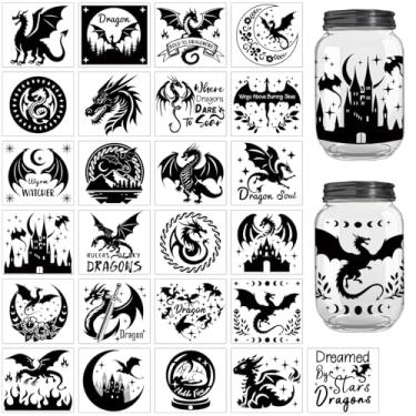 Imagem de Peacoblue Recortes de silhueta de dragão para jarras de vidro de lata de pedreiro, decoração de garrafa de desejos, silhueta durável de 25 peças para lanterna, kit de artesanato faça você mesmo