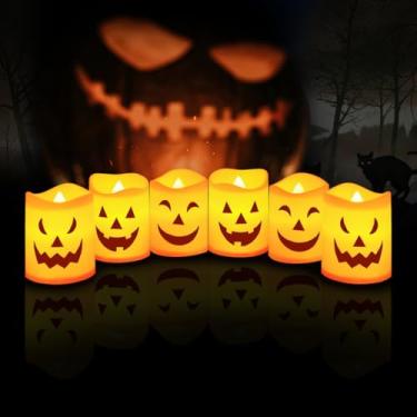 Imagem de Fiemack Velas votivas sem chama de Halloween, velas laranja operadas por bateria, decoração de velas de Halloween para uso interno, pilhas incluídas (pacote com 6, 3,5 cm x 4,5 cm)