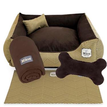 Imagem de Cama Pet Camurça + manta + Brinquedo Ossinho + Tapetinho Estampado 05 Peças - Classic - Premium 1 (60x60 cm, Espinha De Peixe Tabaco)