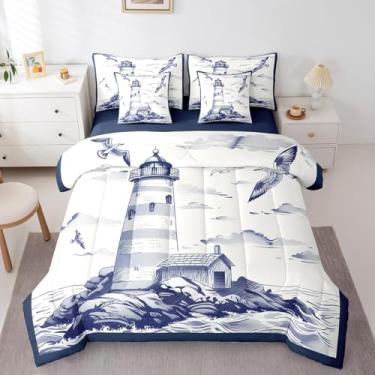 Imagem de jejeloiu Conjunto de edredom infantil King Size com farol, 7 peças, para decoração de quarto de meninos, meninas, adolescentes, ondas, mar, mundo, natureza náutica, cama em uma bolsa, macio, feminino