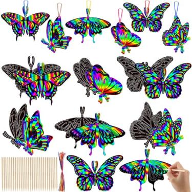 Imagem de Soulchen 60 Pcs Day of The Dead Butterfly Scratch Cards Gift Dia De Los Muertos Scratch Paper Craft Kit DIY Butterfly Art Hanging Ornaments for Halloween Decor School Activity Mexican Party Supplies