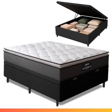 Imagem de Cama Box Baú Casal Colchão Molas Ensacadas Pillow Top Maximus 138x188x69cm Cinza/Preto Gazin Cinza/Branco