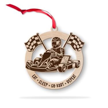 Imagem de Ornamentos de madeira de kart para decoração de árvore de Natal, enfeite de pendurar para kart, enfeites de natal de carro de corrida de kart, presente de corrida de carro esportivo, lembrança de