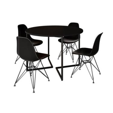 Imagem de Mesa Industrial Jantar Redonda Preta 110Cm Base V Com 4 Cadeiras Eames