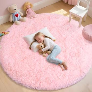 Imagem de Tapete redondo fofo rosa para quarto, tapete grande felpudo de 2,8 m para quarto de meninas e crianças, tapete de pelúcia macio antiderrapante para dormitório, sala de estar, decoração de casa