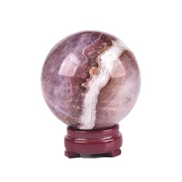 Imagem de JIC Gem Esfera de cristal de ágata de ametista natural com suporte de madeira ametista decorativa esfera de pedra preciosa de cristal para meditação Feng Shui mesa de decoração estilo bruxa 70-80 mm