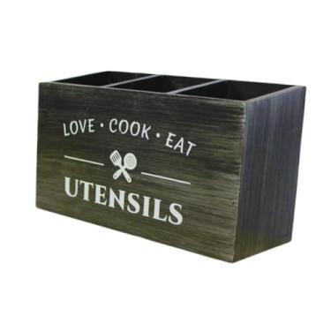 Imagem de Bothyi Organizador de cozinha estilo fazenda, espátulas de cozinha, organizador vintage com 3 compartimentos para talheres de mesa, Preto