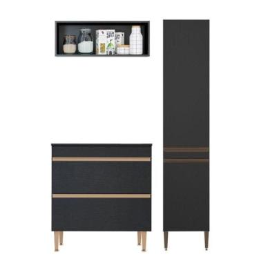 Imagem de Kit Balcão Cooktop Armário Paneleiro Nicho Aéreo Menu Móveis Preto