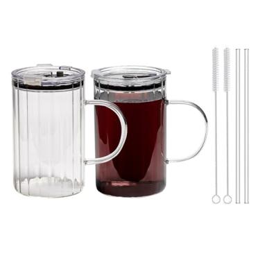 Imagem de Copos de vidro de 590 ml com tampas e canudos - Design elegante vintage canelado para café gelado, suco, vitaminas, milkshakes, bebidas frias e cerveja de coquetel de uísque (borda interna espessa)