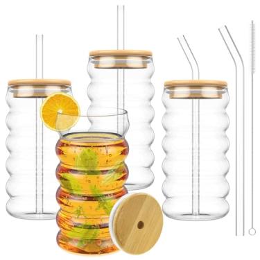 Imagem de Copos de água potável com bolhas, copo de café gelado com canudo e tampa, copos de onda de 500 ml, conjunto de copos de água com abertura ampla, vidro canelado com escova de palha