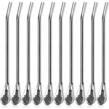 Imagem de Colher de palha de aço inoxidável, canudos de erva-mate, canudos de metal, 10 peças, colher, canudos, colher, de aço inoxidável, canudos, chá de erva-mate, 18 cm, colheres filtradas multifuncionais