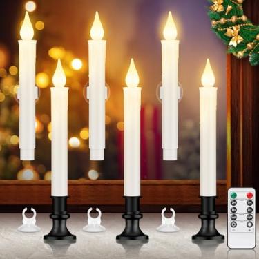 Imagem de Sucolite Velas de janela de Natal operadas por bateria com controle remoto de temporizador, velas de LED sem chamas com castiçais removíveis pretos e ventosas, velas brancas sem fio para decoração de