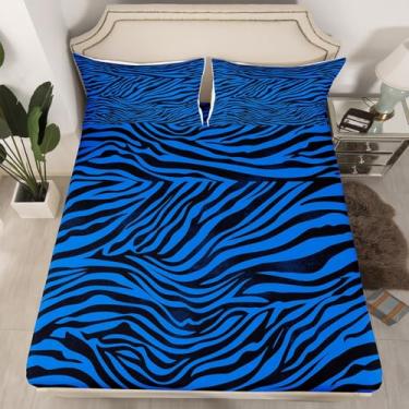 Imagem de Feelyou Jogo de lençol casal zebra, leopardo, estampa animal, microfibra listrada, lençol com elástico para crianças, meninos, meninas, azul