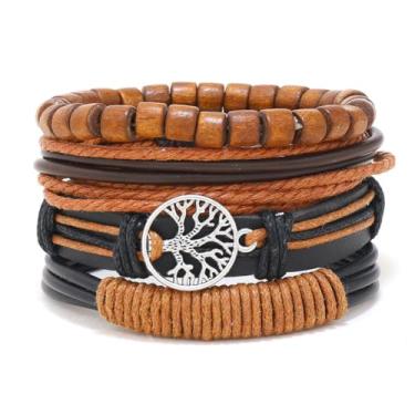 Imagem de Pulseira de couro masculina feita à mão, pulseiras empilháveis de couro, multicamadas, preto, marrom, trançado, elástico, para mulheres, conjunto de joias punk, presentes, Medium, Couro, Sem Pedra