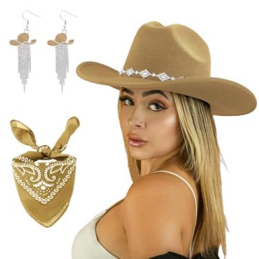 Imagem de JIANGLAI Chapéu de cowgirl ocidental para mulheres e homens, chapéu de cowboy Fedora de aba larga com strass e brincos de borla de vaqueira, Camelo, tamanho �nico