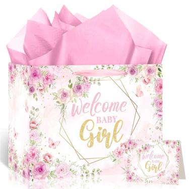 Imagem de Woosytoo Bolsa de presente Welcome Baby Girl rosa floral com cartão de felicitações e papel de seda revelação de gênero bolsa de doces para chá de bebê para chá de bebê revelar suprimentos de festa de