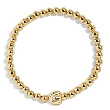 Imagem de BaubleBar Pulseira personalizada inicial Pisa, contas modernas banhadas a ouro, joias modernas, pulseira popular com letras iniciais, ajuste elástico para crianças e adultos, One Size, Latão, Sem