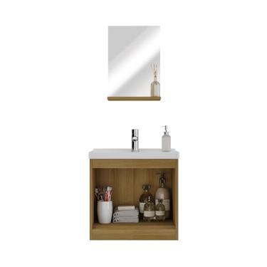 Imagem de Ozini Móveis Conjunto de Banheiro Cairo, Lâmina Mel com Grafite, Gabinete com Cuba, Espelheira, 50 cm