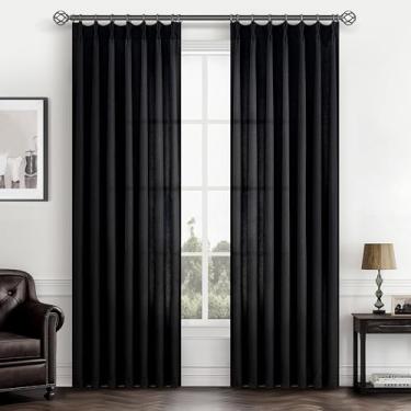 Imagem de Cortinas Virais Pretas Transparentes 213 cm de Comprimento para Sala de Estar Conjunto de 2 Painéis, Cortina Moderna de Linho Texturizado Plissado de Linho Texturizado de Luz Filtragem de Luz