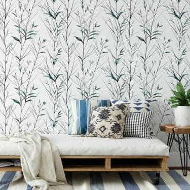 Imagem de ESSMOKO Papel de parede esboço ramo padrão PVC autoadesivo impermeável papel de parede quarto sala de estar banheiro cozinha adesivo verde folhas de bambu 45 * 300 cm