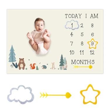 Imagem de CSFOTO Cobertor mensal de desenho animado animal da selva para bebê para chá de bebê, cobertor de gravação de imagem com memória, registro de crescimento de recém-nascidos, adereço de plano de fundo