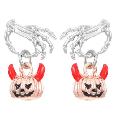 Imagem de Niaspi Brincos femininos pendentes de abóbora gótica de Halloween com mão de caveira com pingente de abóbora pingente punk joia de orelha