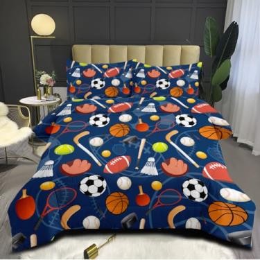 Imagem de CCoutueChen Conjunto de edredom esportivo, tamanho solteiro, para crianças, basquete, futebol americano, com 1 fronha, 2 peças, microfibra macia, conjunto de cama acolchoada para todas as estações