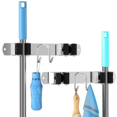 Imagem de AURIKAR Suporte de parede para vassoura, pacote com 2 organizadores de esfregão e vassoura de aço inoxidável, cabide de vassoura com 2 compartimentos, 2 ganchos para cozinha doméstica, garagem, jardim
