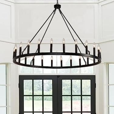 Imagem de Lustre rústico de roda de carroça de fazenda 48 polegadas 24 luzes lustre industrial redondo preto vela para tetos altos sala de estar