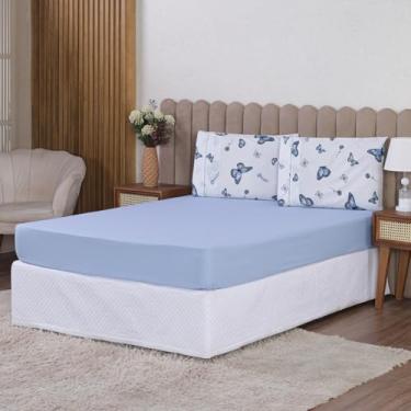 Imagem de Lençol 400 Fios 3 Peças Micropercal C/Elástico | Estampado Com Fronha | Solteiro Casal Queen King (King, Borboleta Azul)