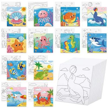 Imagem de Anseal 12 pacotes de telas pré-desenhadas para pintar, 10 x 10 cm, pintura pré-impressa oceânica, festa para crianças, quadros de pintura de contorno de tela pré-esticada para iniciantes, estudantes
