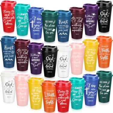 Imagem de Tioncy Presentes Cristãos Reutilizáveis para Mulheres Homens Versículo Bíblico Copos de Plástico com Tampas 473 ml Copos de Café Religiosos Inspiradores Presentes Cristãos para Igreja (Multicolorido