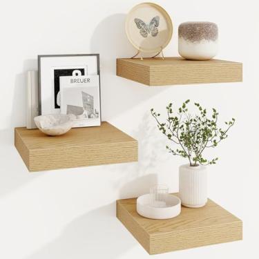 Imagem de Prateleiras quadradas flutuantes para parede, 25 cm L x 25 cm P x 3 cm A, 3 pacotes de pequenas prateleiras de madeira projetadas montadas na parede com suportes invisíveis para sala de estar, quarto