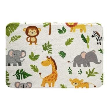 Imagem de Erosebridal Conjunto de tapete de banheiro de animais de desenho animado infantil, tapete de banho de animais da selva para meninas e meninos, leão, girafa, elefante, tapete de banho 41 x 61 cm