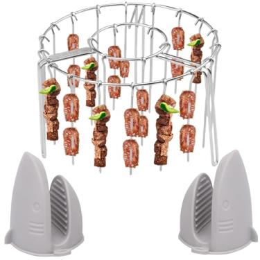 Imagem de Suporte vertical de aço inoxidável para grelha de fritadeira a ar, resistente ao calor, seguro para lava-louças, para churrasco, espeto de pendurar adequado para cozinha (prata-3-Grill + clipe de mão)