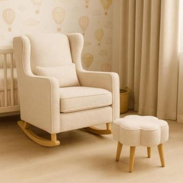 Imagem de Poltrona de Balanço Para Amamentação com Puff em Bouclé Bege - Divani